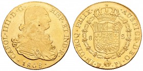 Carlos IV (1788-1808). 8 escudos. 1808. Potosí. PJ. (Cal-115). (Cal onza-1108). Au. 26,86 g. MBC-/MBC+. Est...900,00.