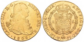 Carlos IV (1788-1808). 8 escudos. 1808. Potosí. PJ. (Cal-115). (Cal onza-1108). Au. 26,98 g. Limpiada. MBC-/MBC+. Est...900,00.
