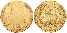 Carlos IV (1788-1808). 8 escudos. 1808. Potosí. PJ. (Cal-115). (Cal onza-1108). Au. 26,89 g. BC+/MBC-. Est...875,00.