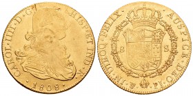 Carlos IV (1788-1808). 8 escudos. 1808. Potosí. PJ. (Cal-115). (Cal onza-1108). Au. 26,95 g. Hojitas en anverso. BC+/MBC-. Est...900,00.