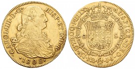 Carlos IV (1788-1808). 8 escudos. 1808. Santa Fe de Nuevo Reino. JJ. (Cal-144). (Cal onza-1149). Au. 26,98 g. MBC+. Est...950,00.