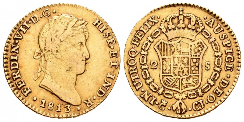 Fernando VII (1808-1833). 2 escudos. 1813. Cádiz. CJ. (Cal-183). Au. 6,79 g. MBC...