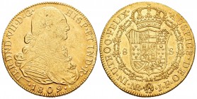 Fernando VII (1808-1833). 8 escudos. 1809. Santa Fe de Nuevo Reino. JF. (Cal-94). (Cal onza-1313). Au. 26,95 g. Marcas en anverso. MBC/MBC+. Est...950...
