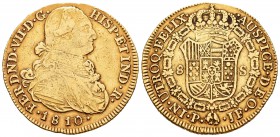 Fernando VII (1808-1833). 8 escudos. 1810. Popayán. JF. (Cal-67). (Cal onza-1278). Au. 26,95 g. Golpecitos. BC+. Est...900,00.