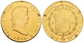 Fernando VII (1808-1833). 8 escudos. 1814. México. JJ. (Cal-51). (Cal onza-1261). Au. 26,87 g. Estuvo engarzada, sin marcas de soldadura en el canto. ...