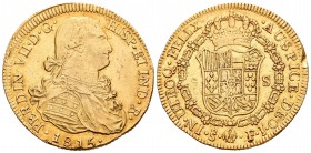 Fernando VII (1808-1833). 8 escudos. 1815. Santiago. FJ. (Cal-123). (Cal onza-1359). Au. 26,92 g. Prueba en el canto. Restos de brillo original. MBC+....