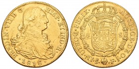 Fernando VII (1808-1833). 8 escudos. 1816. Santiago. FJ. (Cal-124). (Cal onza-1360). Au. 26,14 g. Busto de Carlos IV. Rayita en reverso y hojas en anv...