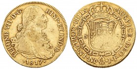 Fernando VII (1808-1833). 8 escudos. 1817. Santa Fe de Nuevo Reino. JF. (Cal-108). (Cal onza-1334). Au. 26,97 g. Busto de Carlos IV. BC+. Est...900,00...