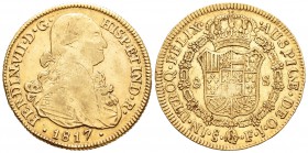 Fernando VII (1808-1833). 8 escudos. 1817. Santiago. FJ. (Cal-127). (Cal onza-1364). Au. 26,94 g. Busto de Carlos IV. MBC-/MBC+. Est...900,00.