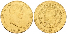 Fernando VII (1808-1833). 8 escudos. 1819. México. JJ. (Cal-60). (Cal onza-1270). Au. 26,68 g. Resto de soldadura en el canto. Fue utilizada como joya...