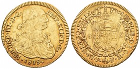 Fernando VII (1808-1833). 8 escudos. 1819. Popayán. FM. (Cal-82). (Cal onza-1301). Au. 26,99 g. Busto de Carlos IV. Hojas en anverso. MBC+. Est...950,...