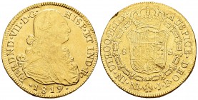 Fernando VII (1808-1833). 8 escudos. 1819. Santa Fe de Nuevo Reino. FJ. (Cal-110). (Cal onza-1337). Au. 26,95 g. Busto de Carlos IV. Prueba en el cant...