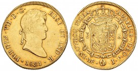 Fernando VII (1808-1833). 8 escudos. 1821. Lima. JP. (Cal-27). (Cal onza-1232). Au. 26,96 g. Bonito color. Hojitas en reverso. MBC+. Est...1000,00.