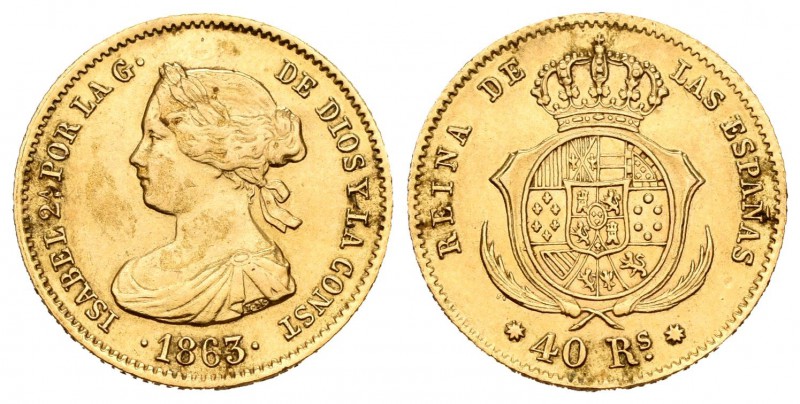 Isabel II (1833-1868). 40 reales. 1863. Barcelona. (Cal-100). Au. 3,34 g. Estuvo...