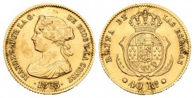 Isabel II (1833-1868). 40 reales. 1863. Barcelona. (Cal-100). Au. 3,34 g. Estuvo engarzada. Escasa. MBC+. Est...140,00.