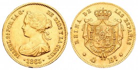 Isabel II (1833-1868). 4 escudos. 1865. Madrid. (Cal-108). Au. 3,39 g. Golpecito en el canto. Brillo original.. EBC-. Est...120,00.