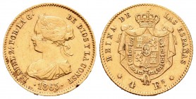 Isabel II (1833-1868). 4 escudos. 1865. Madrid. (Cal-108). Au. 3,36 g. Pequeño golpecito en el canto. Rayas. MBC+. Est...100,00.