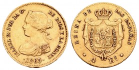 Isabel II (1833-1868). 4 escudos. 1865. Madrid. (Cal-108). Au. 3,32 g. MBC/MBC-. Est...120,00.