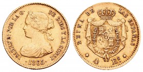 Isabel II (1833-1868). 4 escudos. 1865. Madrid. (Cal-108). Au. 3,34 g. Canto liso en parte. MBC-. Est...120,00.
