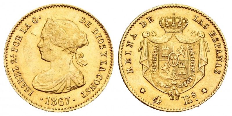 Isabel II (1833-1868). 4 escudos. 1867. Madrid. (Cal-111). Au. 3,36 g. Hojita en...