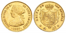 Isabel II (1833-1868). 4 escudos. 1867. Madrid. (Cal-111). Au. 3,36 g. Hojita en anverso. EBC+. Est...120,00.