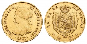 Isabel II (1833-1868). 4 escudos. 1867. Madrid. (Cal-111). Au. 3,34 g. Rayita en anverso. EBC-. Est...120,00.