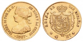 Isabel II (1833-1868). 4 escudos. 1867. Madrid. (Cal-111). Au. 3,38 g. MBC+. Est...120,00.