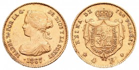 Isabel II (1833-1868). 4 escudos. 1867. Madrid. (Cal-111). Au. 3,32 g. Golpecitos en el canto. MBC+. Est...120,00.