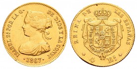Isabel II (1833-1868). 4 escudos. 1867. Madrid. (Cal-111). Au. 3,37 g. MBC+/EBC-. Est...120,00.
