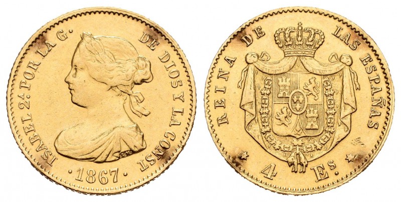 Isabel II (1833-1868). 4 escudos. 1867. Madrid. (Cal-111). Au. 3,34 g. Estuvo en...