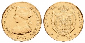 Isabel II (1833-1868). 4 escudos. 1867. Madrid. (Cal-111). Au. 3,34 g. Fue utilizada como joya. Canto liso. MBC-. Est...100,00.