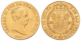 Isabel II (1833-1868). 80 reales. 1835. Madrid. CR. (Cal-68). Au. 6,78 g. Golpecito en canto. Rayas en anverso. MBC+. Est...250,00.