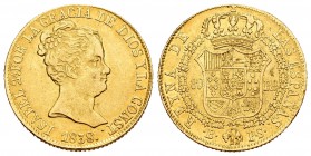 Isabel II (1833-1868). 80 reales. 1838. Barcelona. PS. (Cal-53). Au. 6,76 g. Leyenda CONST. Canto liso a las 12h. MBC+. Est...250,00.