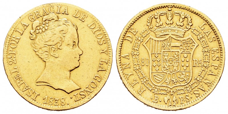 Isabel II (1833-1868). 80 reales. 1838. Barcelona. PS. (Cal-53). Au. 6,64 g. Fin...