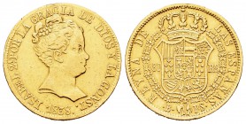 Isabel II (1833-1868). 80 reales. 1838. Barcelona. PS. (Cal-53). Au. 6,64 g. Final de leyenda CONST. Estuvo en aro. Muy escasa. MBC-. Est...250,00.