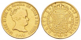 Isabel II (1833-1868). 80 reales. 1838. Madrid. CL. (Cal-71). Au. 6,68 g. Fue utilizada como joya. Escasa. BC+. Est...210,00.
