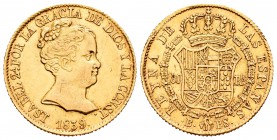Isabel II (1833-1868). 80 reales. 1839. Barcelona. PS. (Cal-55). Au. 6,76 g. Golpecitos en el canto. MBC+. Est...240,00.