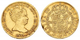 Isabel II (1833-1868). 80 reales. 1839. Barcelona. PS. (Cal-55). Au. 6,77 g. Roces junto al canto. MBC-. Est...210,00.