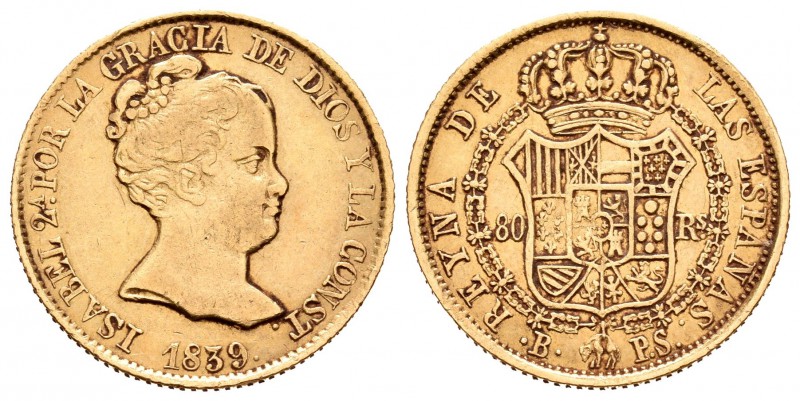 Isabel II (1833-1868). 80 reales. 1839. Barcelona. PS. (Cal-55). Au. 6,72 g. MBC...