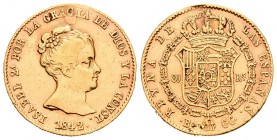 Isabel II (1833-1868). 80 reales. 1842. Barcelona. CC. (Cal-60). Au. 6,70 g. Agujero tapado. Golpes. MBC-. Est...200,00.