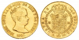 Isabel II (1833-1868). 80 reales. 1845. Barcelona. PS. (Cal-63). Au. 6,74 g. Fue utlizada como joya, aun así buen ejemplar. EBC-. Est...240,00.