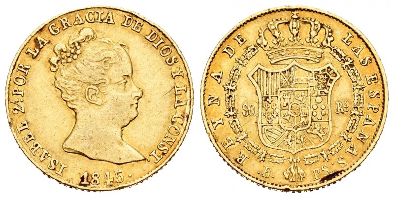 Isabel II (1833-1868). 80 reales. 1845. Barcelona. PS. (Cal-63). Au. 6,73 g. Gol...