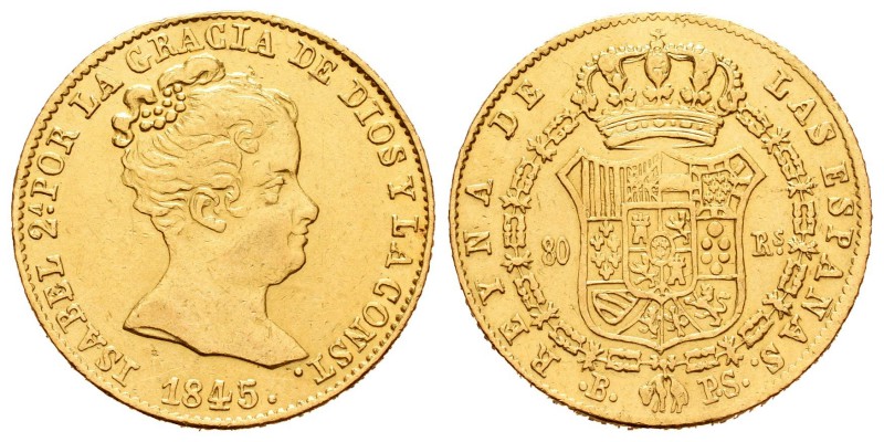 Isabel II (1833-1868). 80 reales. 1845. Barcelona. PS. (Cal-63). Au. 6,70 g. Sol...