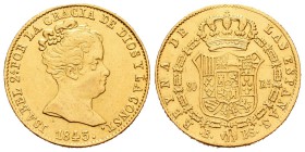 Isabel II (1833-1868). 80 reales. 1845. Barcelona. PS. (Cal-63). Au. 6,70 g. Soldaura reparada en el canto. MBC+. Est...200,00.