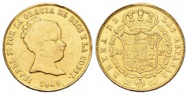 Isabel II (1833-1868). 80 reales. 1849. Madrid. CL. (Cal-82). Au. 6,73 g. Resto de soldaura en el canto. Rara. BC+/MBC-. Est...250,00.