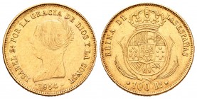 Isabel II (1833-1868). 100 reales. 1854. Barcelona. (Cal-7). Au. 8,39 g. Rayitas en anverso. MBC+/EBC-. Est...300,00.
