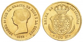 Isabel II (1833-1868). 100 reales. 1855. Sevilla. (Cal-33). Au. 8,39 g. Brillo original. EBC+. Est...300,00.