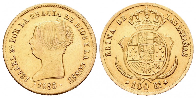 Isabel II (1833-1868). 100 reales. 1855. Sevilla. (Cal-33). Au. 8,43 g. EBC. Est...