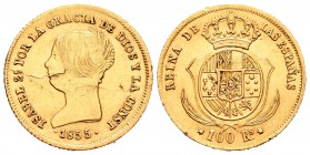 Isabel II (1833-1868). 100 reales. 1855. Sevilla. (Cal-33). Au. 8,39 g. Hojitas en anverso y leves golpecitos en el canto. EBC-. Est...260,00.