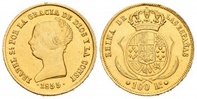 Isabel II (1833-1868). 100 reales. 1855. Sevilla. (Cal-33). Au. 8,38 g. Fue utilizada como joya. MBC+. Est...220,00.